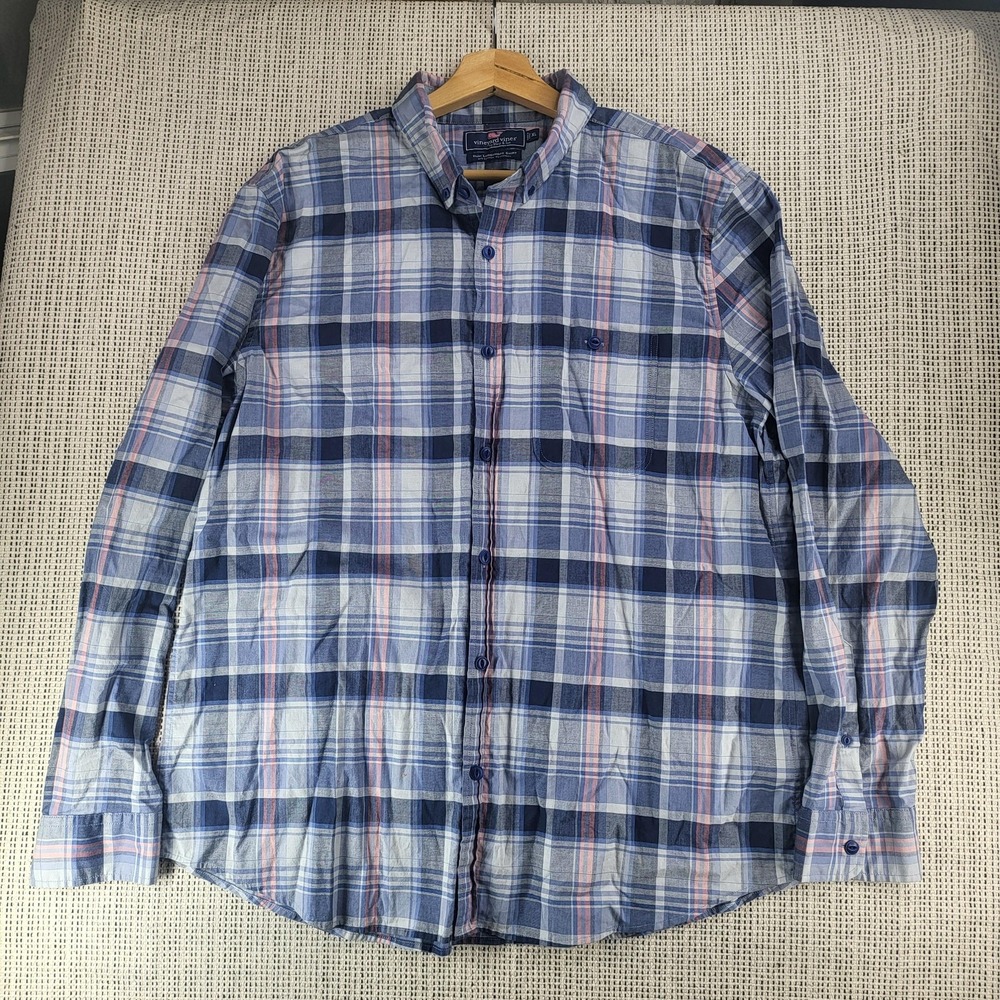 Vineyard Vines Shirt Mens‎ XL Blue Plaid Slim Longshore Stretch Button Up Pocket
